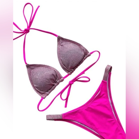 🌸 Hot Pink Sequined String Bikini - Picture 1 of 15
